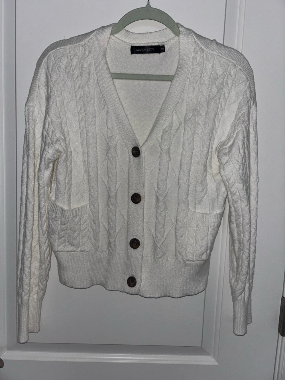 White Cable-Knit V-Neck Button Cardigan by Marc O'Polo